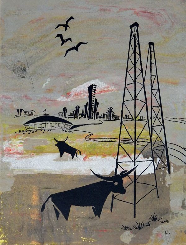 Vintage 1960s Texas Longhorns & Oil Wells Serigraph Online