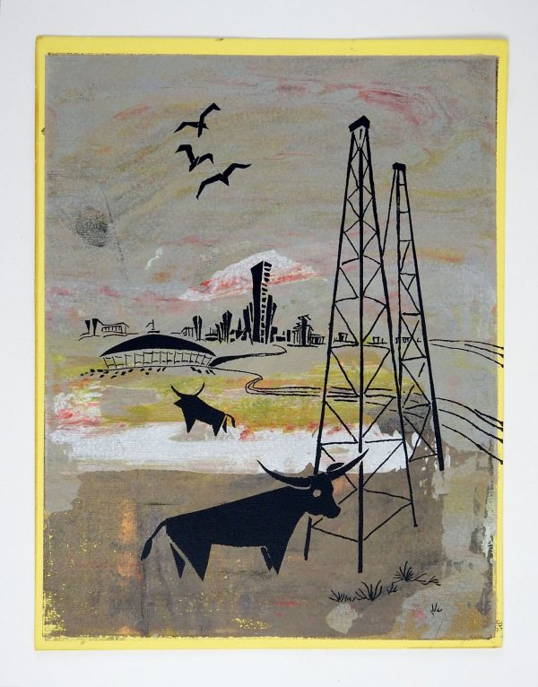 Vintage 1960s Texas Longhorns & Oil Wells Serigraph Online